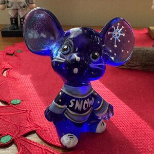 UNIQUE Fenton Mouse Blue Glass Hand Painted "SNOW" - Signed